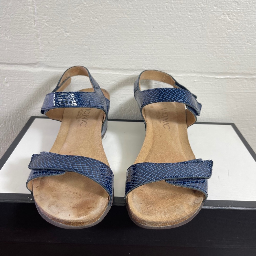 Vionic Navy Blue Croc-Embossed Wedge Sandals - Picture 3 of 10